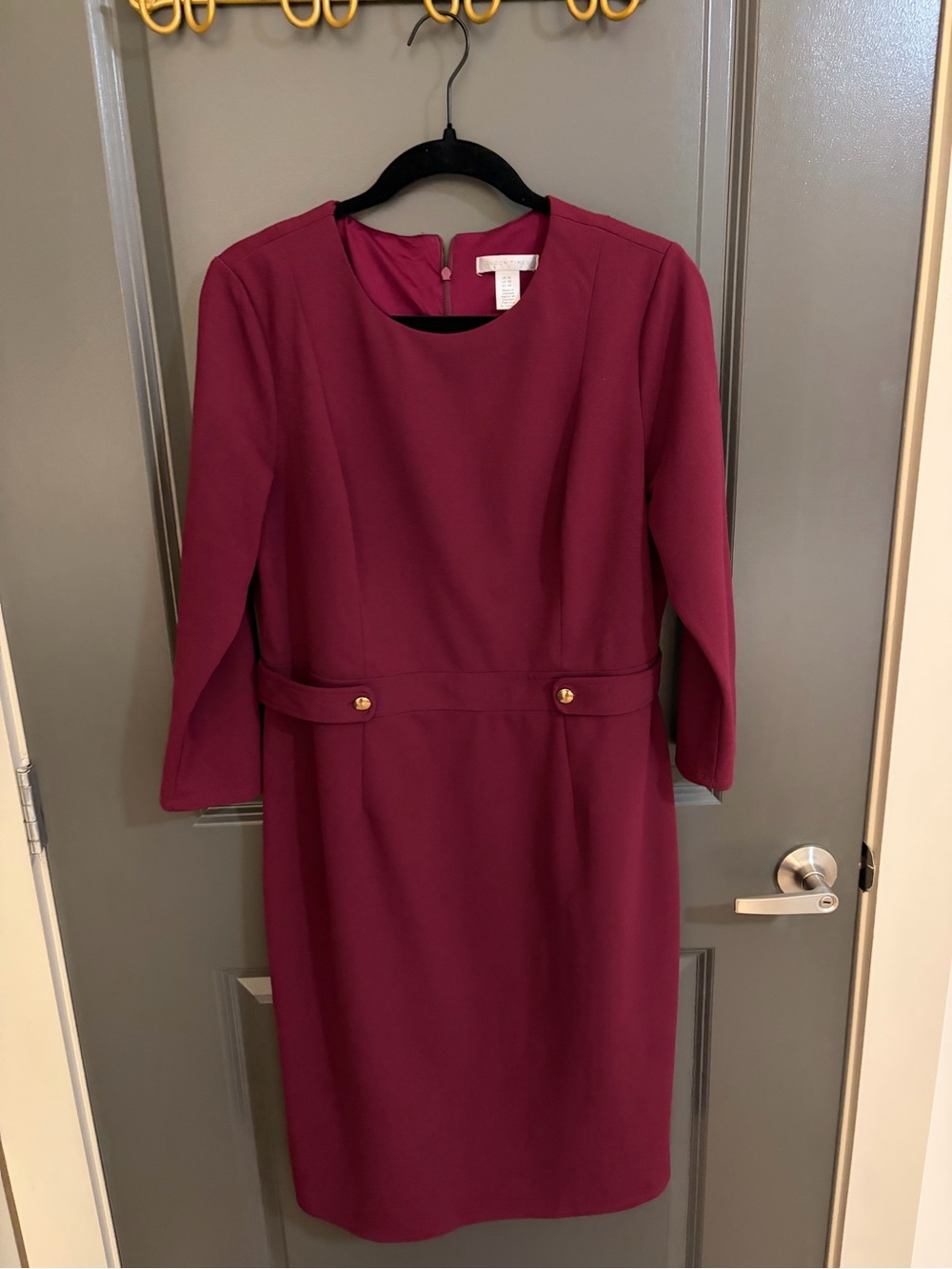 London Times Wine Long-Sleeve Sheath Dress with Gold Buttons
